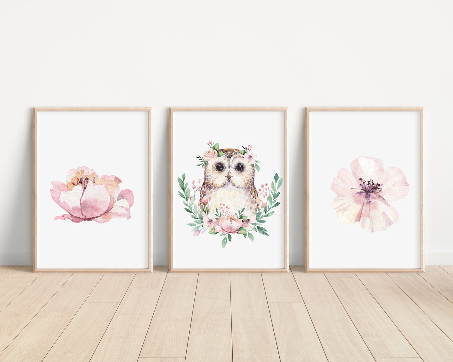 Owl Pink Floral Set of 3 Nursery Art Prints, Girl Nursery Wall Art, Owl Nursery Decor, Play Room, Girl Baby Room Ideas, Kids room, 012