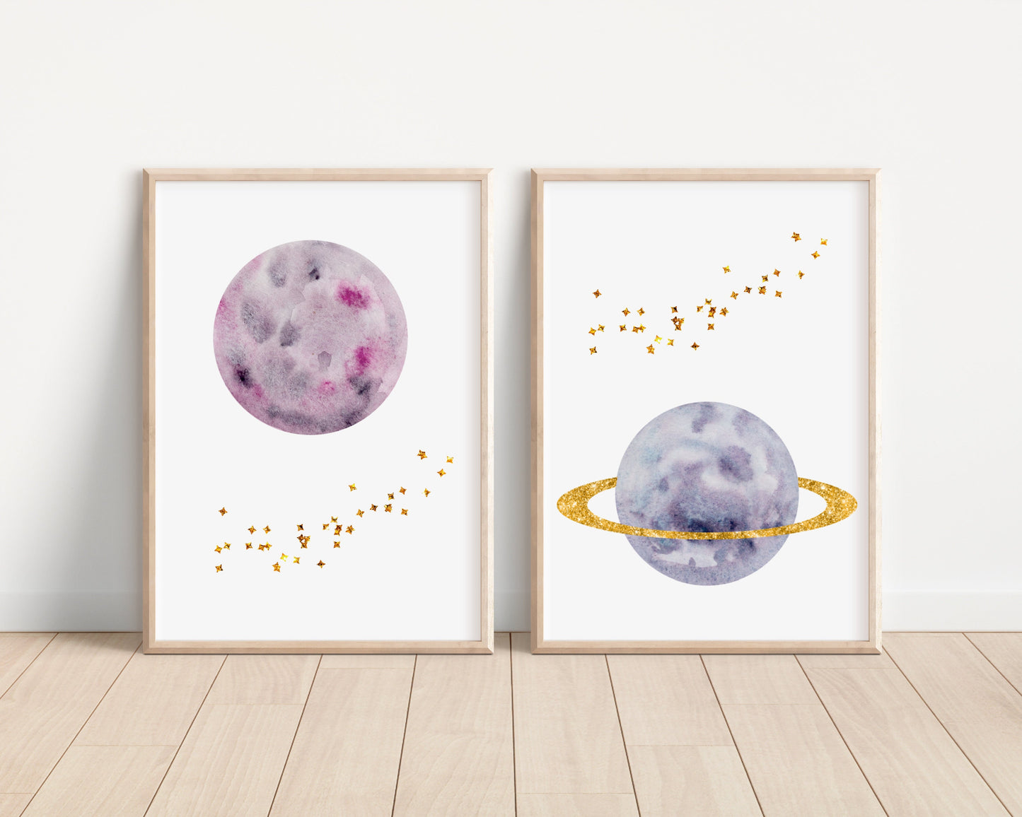 Purple Planet Set of 2 Nursery Art Prints, Wall Art, Galaxy Nursery Decor, Play Room, Girl space Baby Room Ideas, 011