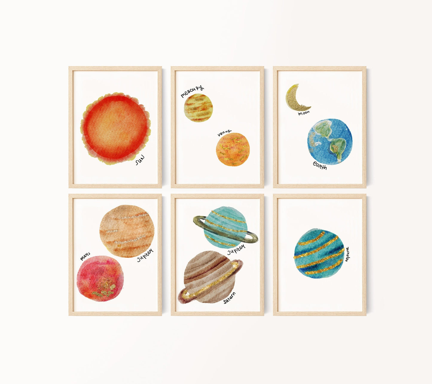 Planet Set of 6 Nursery Art Prints, Planets Wall Art, Solar System Nursery Decor, Play Room, Outer Space Baby Room Ideas