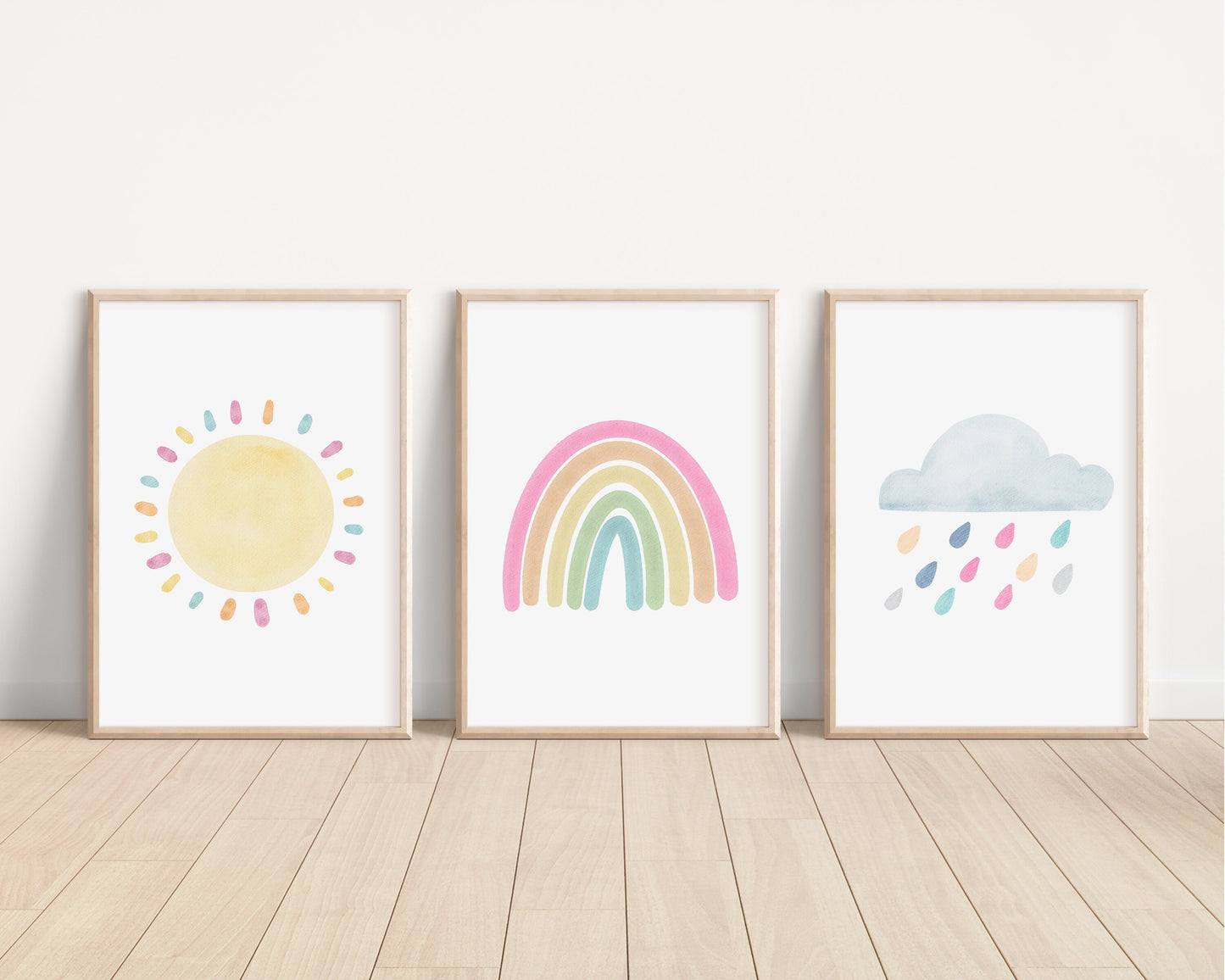 Pastel Rainbow Sun Cloud Set of 3 Nursery Art Prints, Weather colorful Nursery Wall Art, Nursery Decor, Play Room, Baby Room Ideas, 039