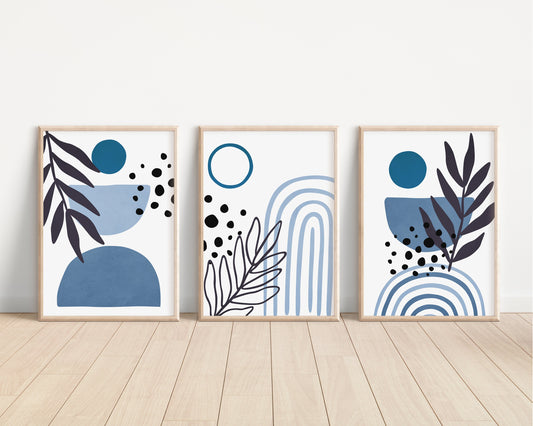 Set of 3 Boho Abstract Wall Navy Blue Art Prints, Greenery Boho Wall Decor Set of 3 Art Prints, Minimalist Wall Art, 052