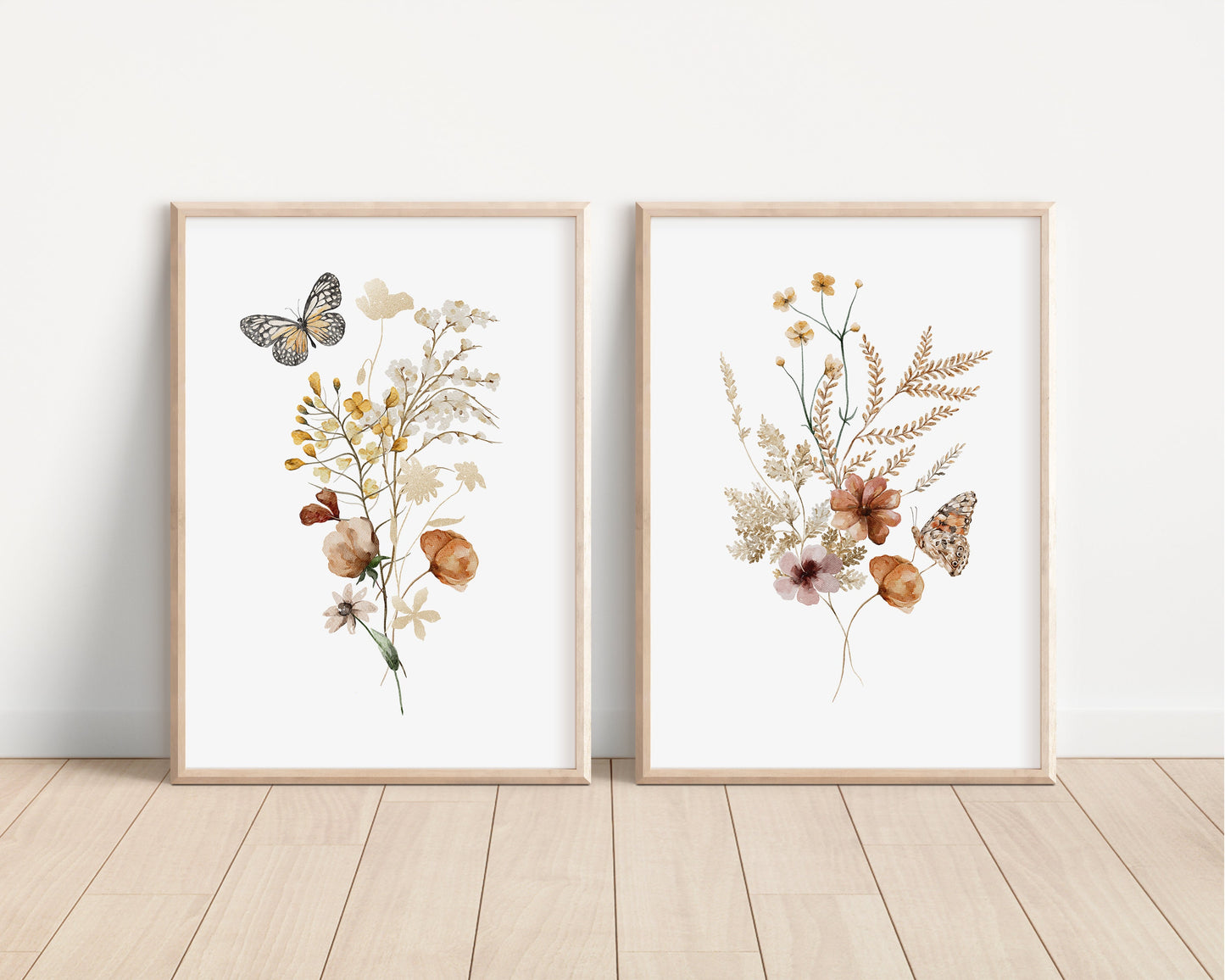 Set of 2 Wildflower Floral Art Prints with Butterflies