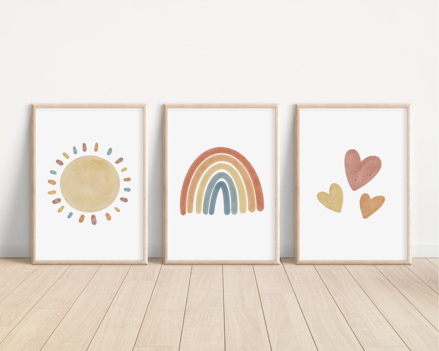 Set of 3 Prints Rainbow Nursery Decor, Boho, Sunshine Print Hearts Wall Art Nursery Art Watercolor Girls Kids Baby Room, Printed, 054