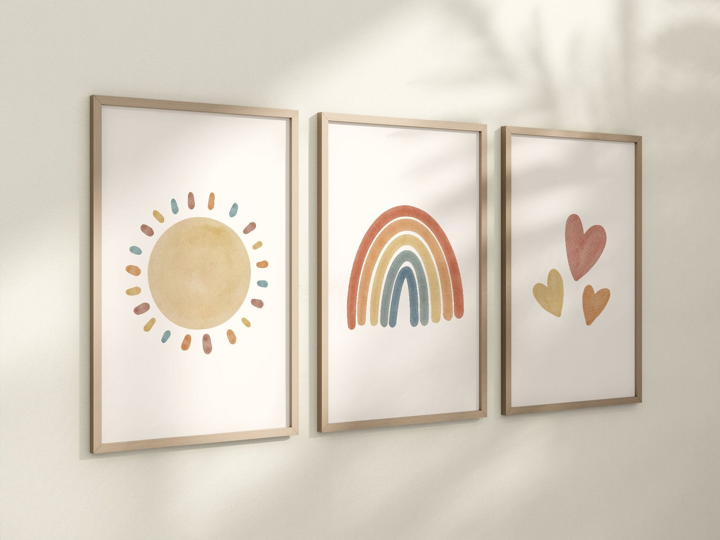 Set of 3 Prints Rainbow Nursery Decor, Boho, Sunshine Print Hearts Wall Art Nursery Art Watercolor Girls Kids Baby Room, Printed, 054
