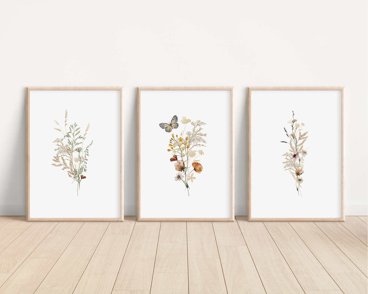 Set of 3 Boho Butterfly and Wildflowers Floral Art Prints
