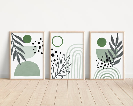Set of 3 Boho Abstract Wall Sage Green Art Prints, Emerald Green, Greenery Boho Wall Decor Set of 3 Art Prints, Minimalist Wall Art, 047