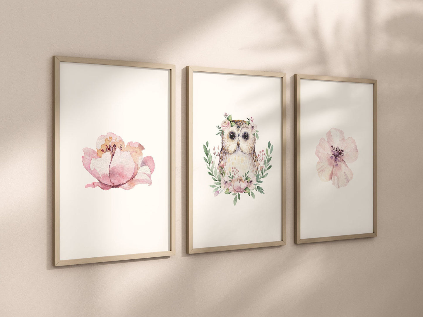 Owl Pink Floral Set of 3 Nursery Art Prints, Girl Nursery Wall Art, Owl Nursery Decor, Play Room, Girl Baby Room Ideas, Kids room, 012