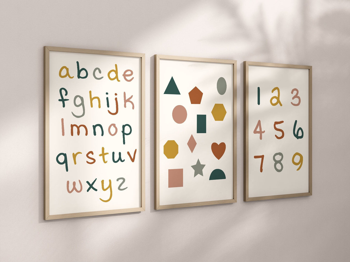 Set of 3 Alphabet and Shapes Nursery Art Prints, Education Wall Decor, Girl Nursery, Nursery Decor, Play Room, Baby Girl Room Decor 063
