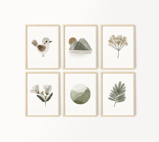 Set of 6 Boho Floral Nursery Prints, Bohemian wall art, Nursery Decor, Watercolor Floral Nursery, Girl Nursery Decor, Sage Green, 061