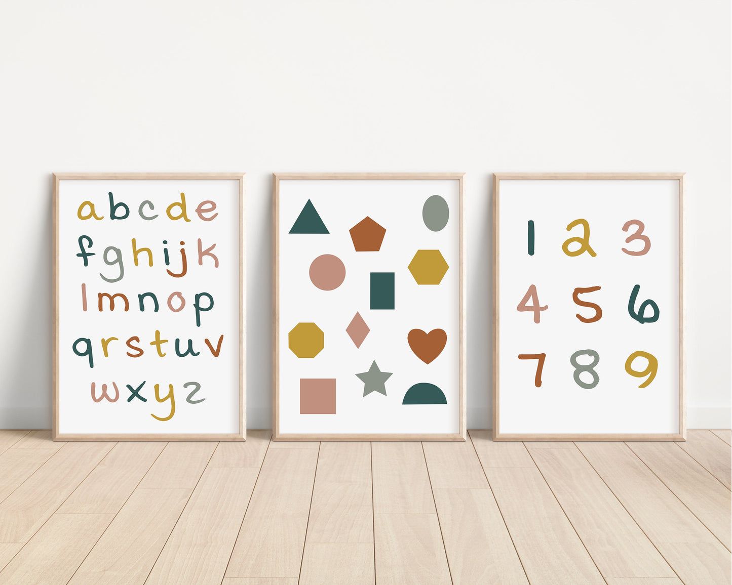 Set of 3 Alphabet and Shapes Nursery Art Prints, Education Wall Decor, Girl Nursery, Nursery Decor, Play Room, Baby Girl Room Decor 063