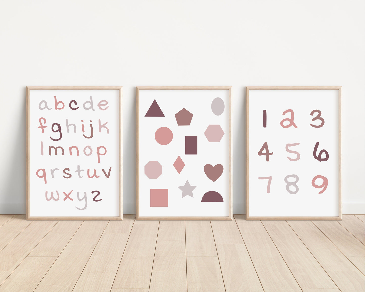 Set of 3 Pink Alphabet and Shapes Nursery Art Prints, Education Wall Decor, Girls Nursery, Nursery Decor, Baby Girl Play Room Ideas 066