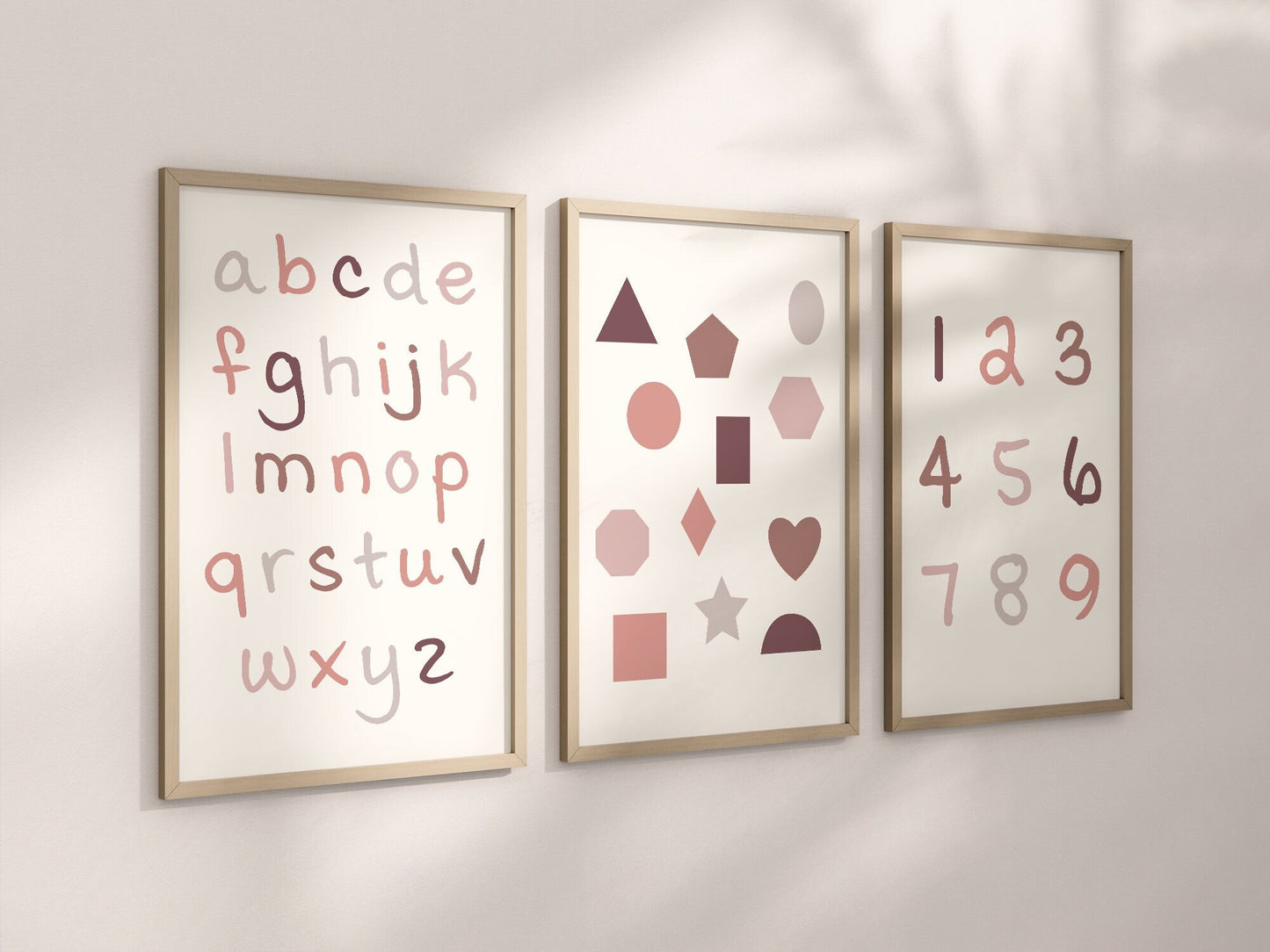 Set of 3 Pink Alphabet and Shapes Nursery Art Prints, Education Wall Decor, Girls Nursery, Nursery Decor, Baby Girl Play Room Ideas 066