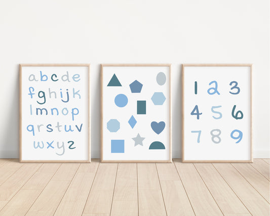 Set of 3 Blue Alphabet and Shapes Nursery Art Prints, Education Wall Decor, Boys Nursery, Nursery Decor, Baby Boy Play Room Ideas 067