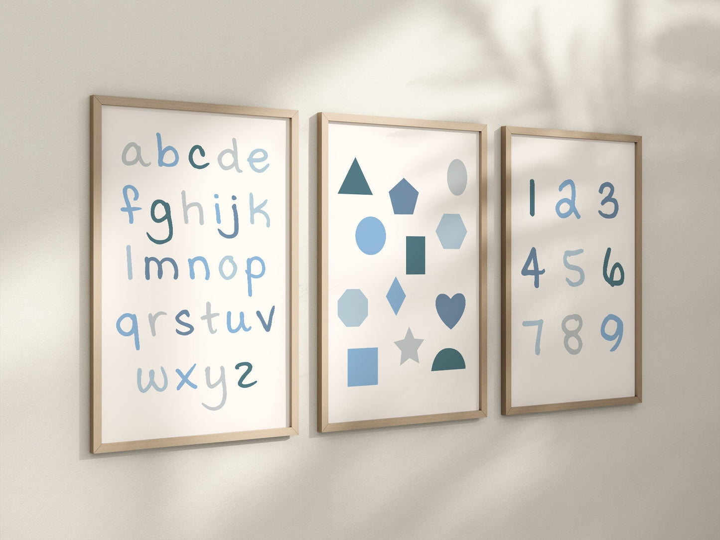 Set of 3 Blue Alphabet and Shapes Nursery Art Prints, Education Wall Decor, Boys Nursery, Nursery Decor, Baby Boy Play Room Ideas