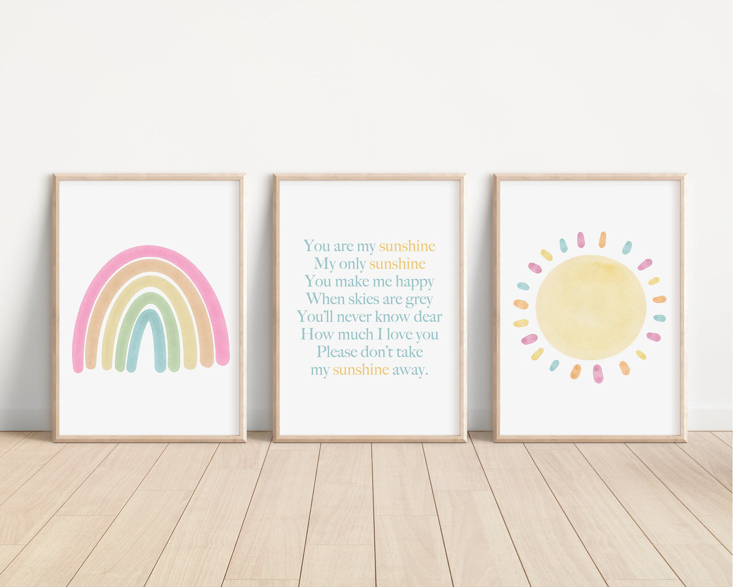 Pastel You Are My Sunshine Set of 3 Nursery Art Prints, Sun, Rainbow Nursery Wall Art, Nursery Decor, Play Room, Baby Room Ideas, 079