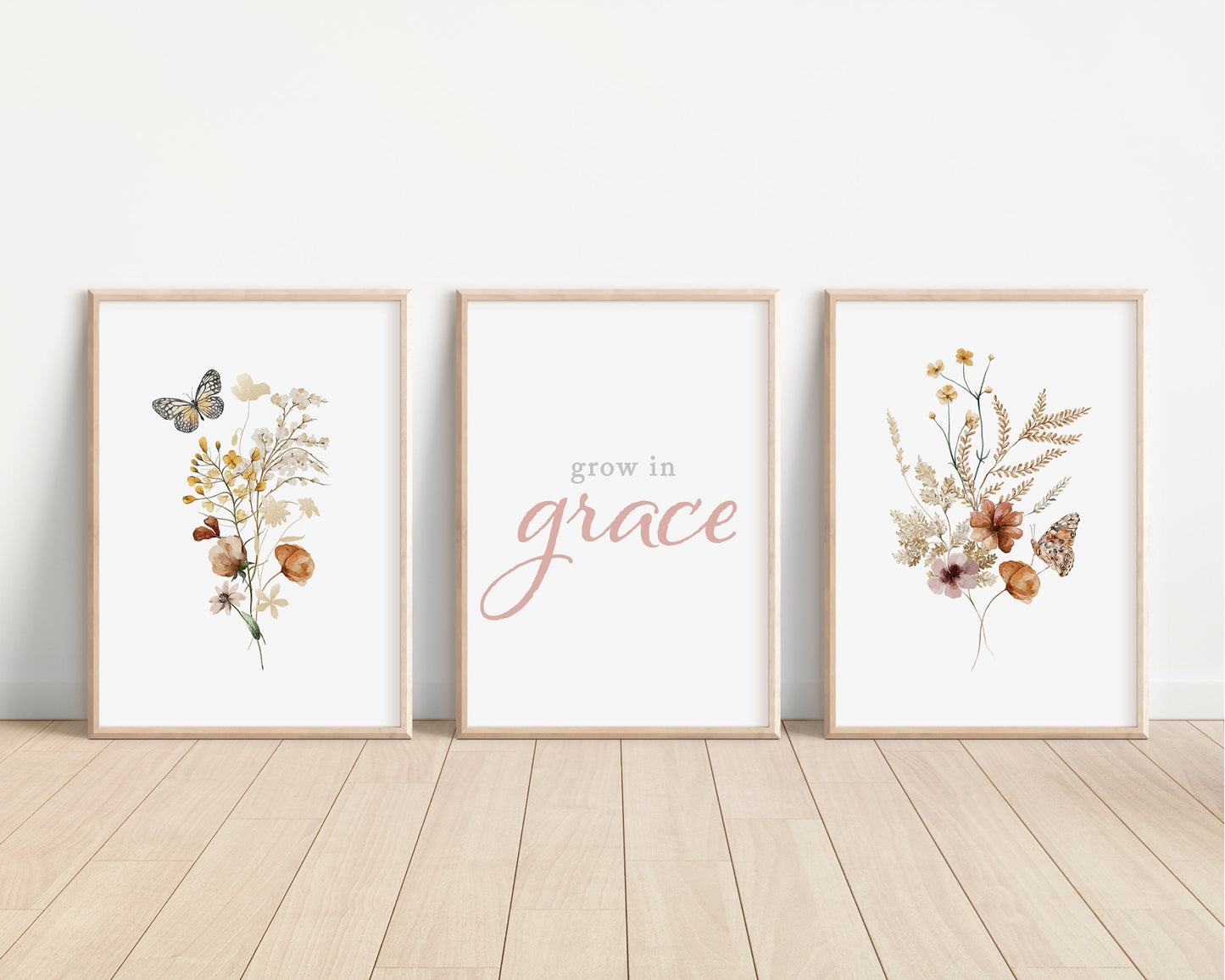 Set of 3 Grow in Grace Boho Wildflowers Floral Art Prints, Botanical, Bloom Bouquet, Nursery Decor, Play Room, Girl Baby Room Ideas 085