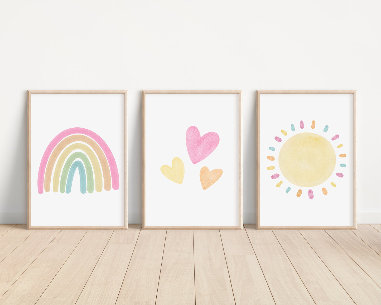 Set of 3 Nursery Art Prints with Pastel Rainbow, Sun and Hearts