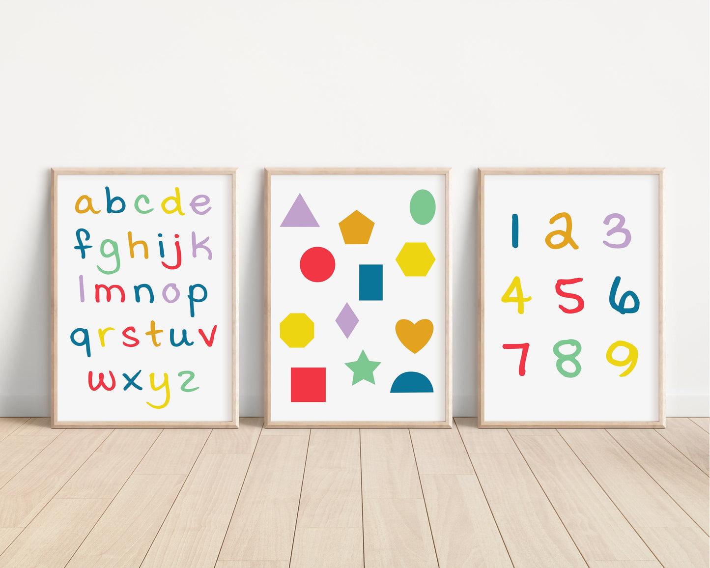Set of 3 Colorful Alphabet and Shapes Nursery Art Prints, Education Wall Decor, Play Nursery Decor, Play Room, Baby Boy Room Ideas 065