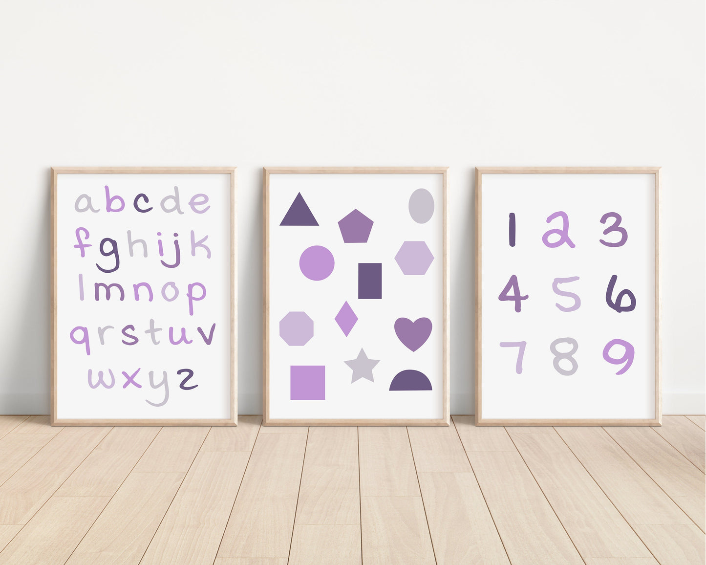 Set of 3 Lavender Alphabet and Shapes Nursery Art Prints, Education Wall Decor, Girls Nursery, Nursery Decor, Baby Girl Play Room Ideas 068
