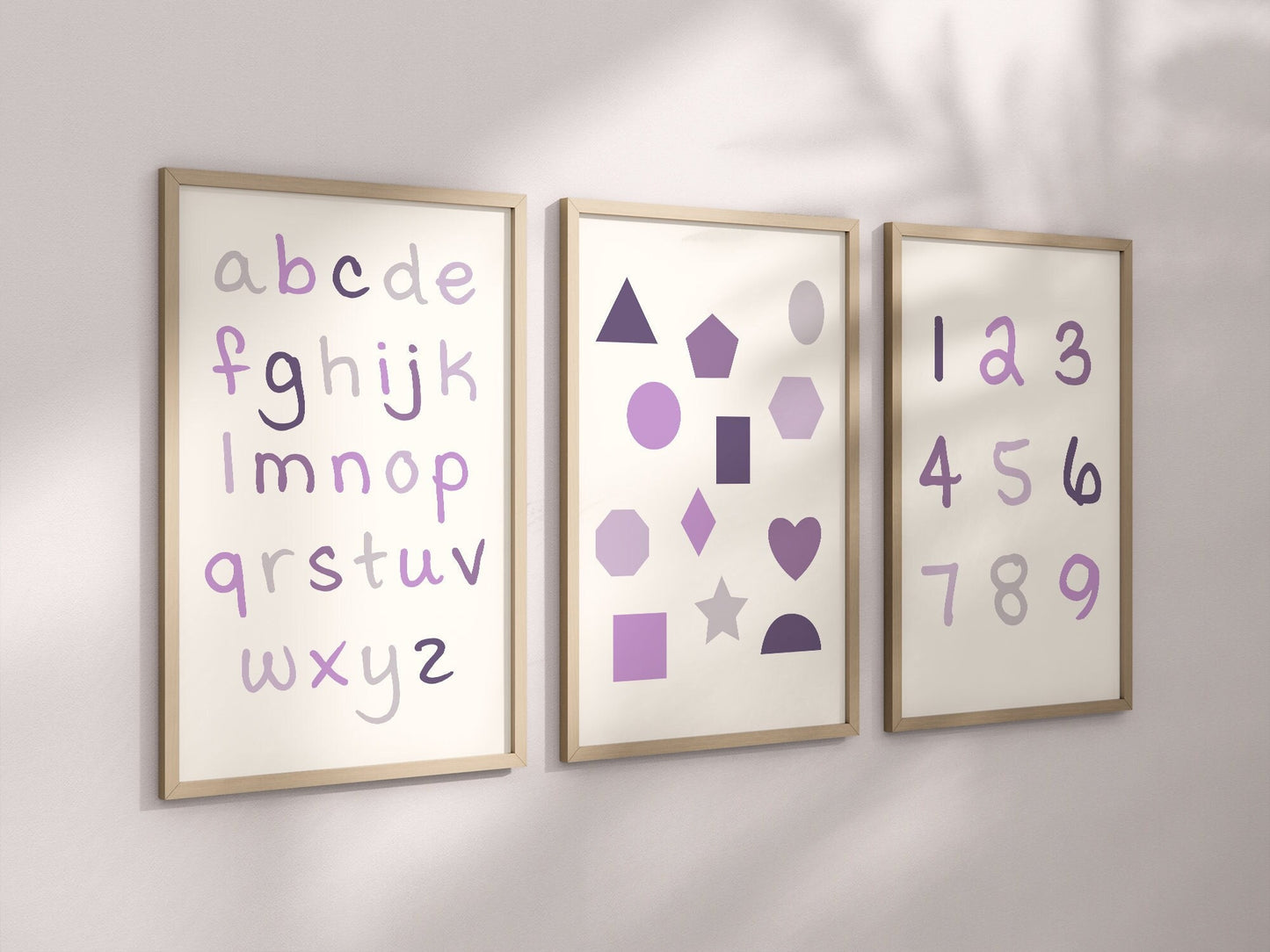 Set of 3 Lavender Alphabet and Shapes Nursery Art Prints, Education Wall Decor, Girls Nursery, Nursery Decor, Baby Girl Play Room Ideas 068