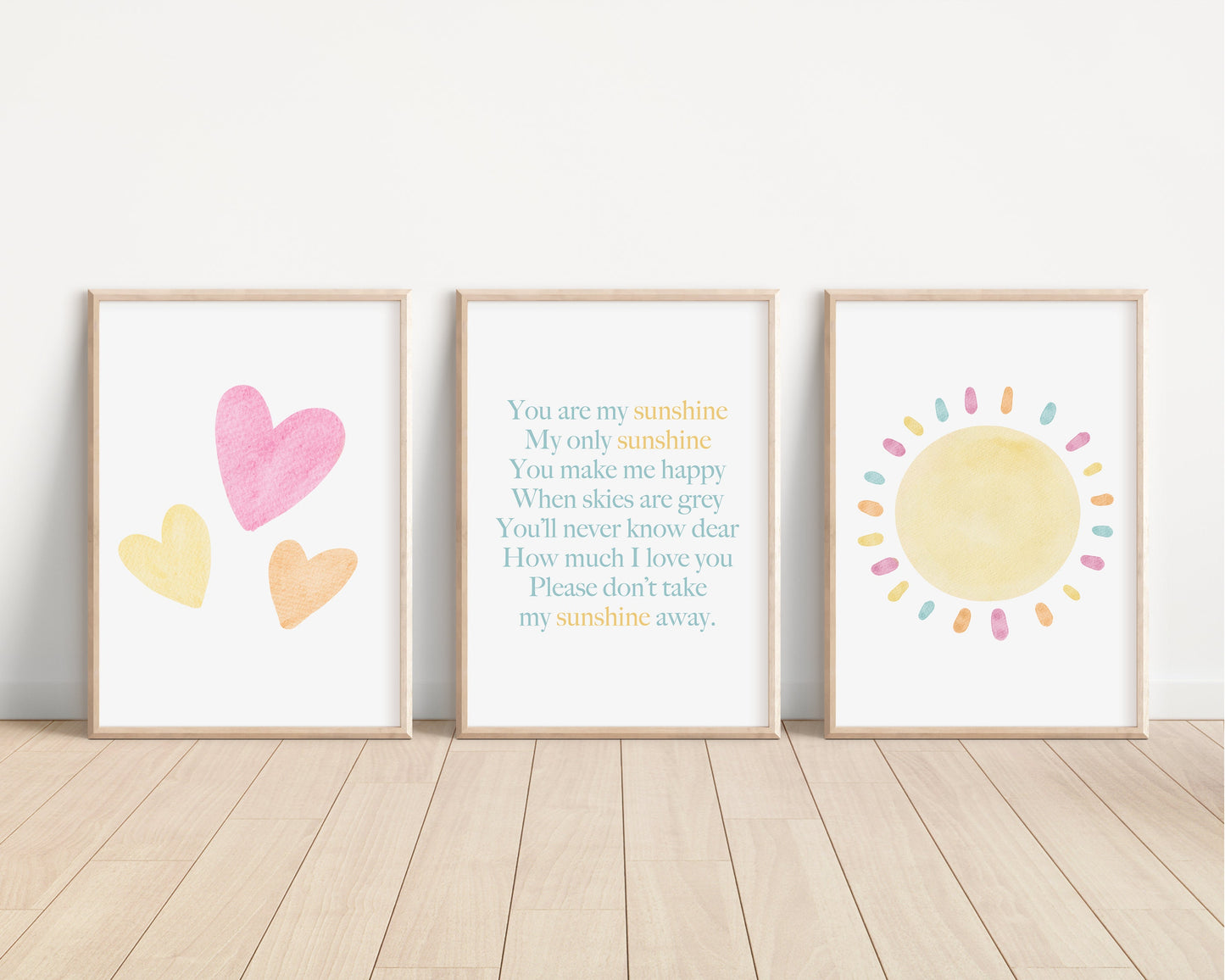 Pastel You Are My Sunshine Set of 3 Nursery Art Prints, Sun, Hearts Nursery Wall Art, Nursery Decor, Play Room, Baby Room Ideas, 080