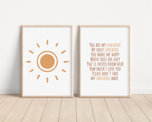 You Are My Sunshine Set of 2 Nursery Prints, Boho Nursery Wall Art, You are my Sunshine Artwork, Sun Nursery Artwork, Boho Artwork, 083