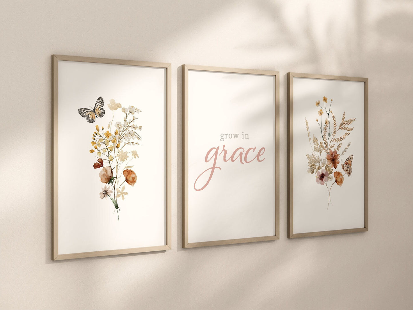 Set of 3 Grow in Grace Boho Wildflowers Floral Art Prints, Botanical, Bloom Bouquet, Nursery Decor, Play Room, Girl Baby Room Ideas 085
