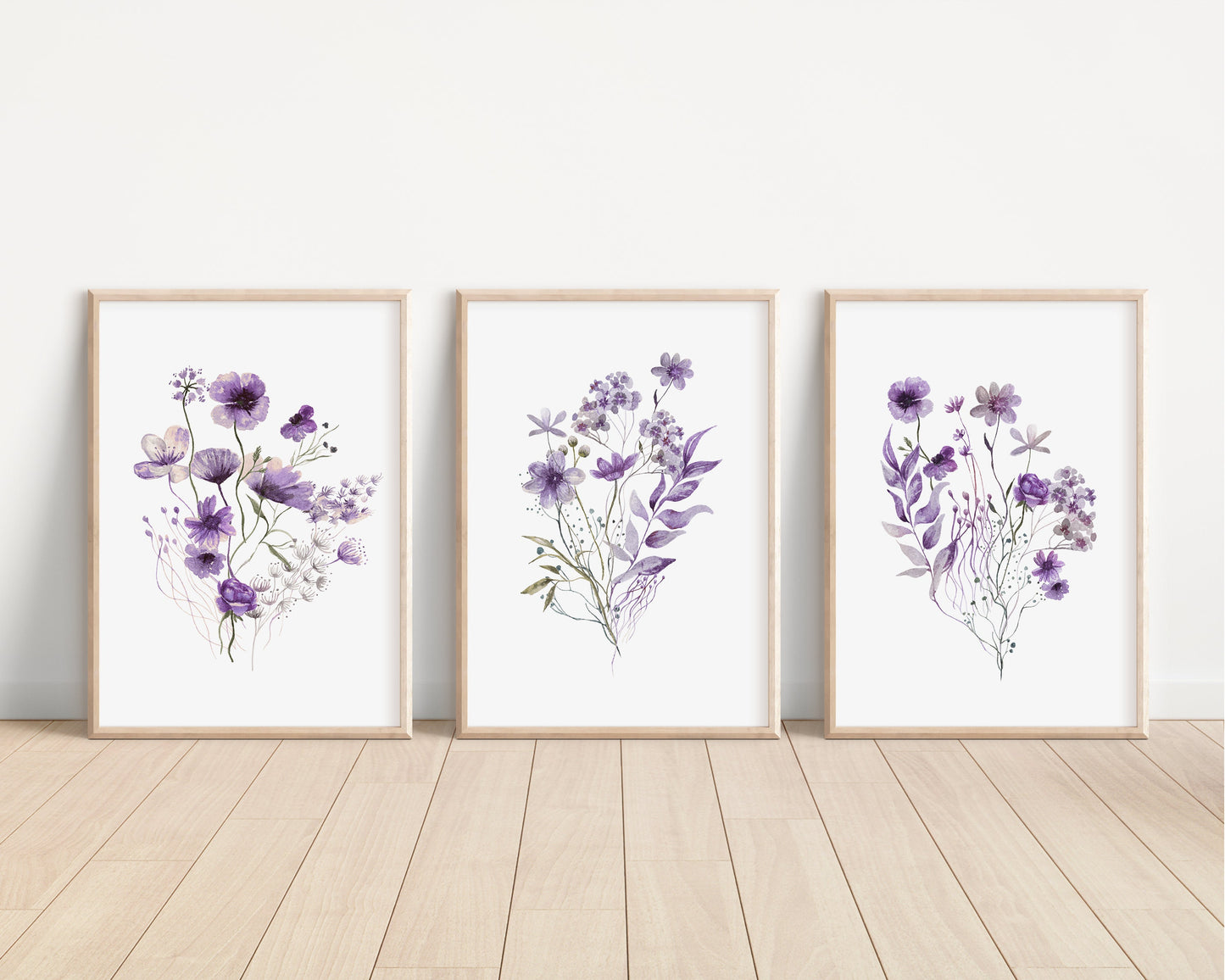 Set of 3 Purple Boho Wildflowers Floral Art Prints, Wall Art, Meadows, Bloom Bouquet, Nursery Decor, Play Room, Girl Baby Room Ideas 088