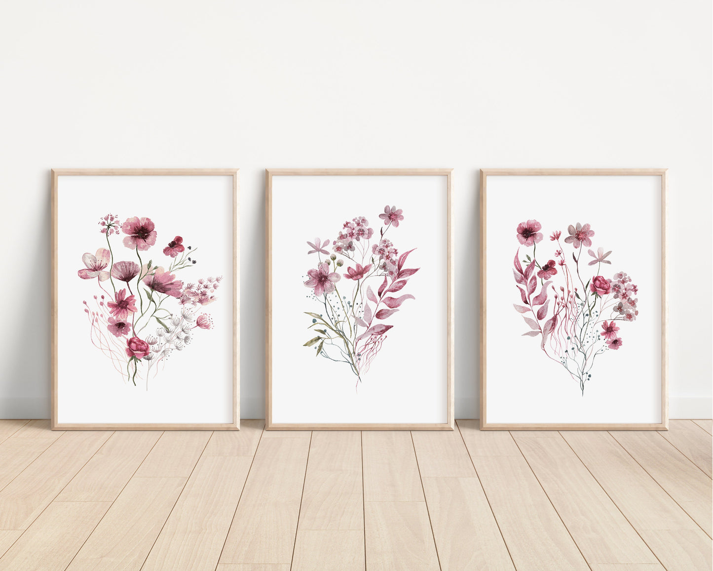 Set of 3 Maroon Boho Wildflowers Floral Art Prints, Wall Art, Meadows, Bloom Bouquet, Nursery Decor, Play Room, Girl Baby Room Ideas 089