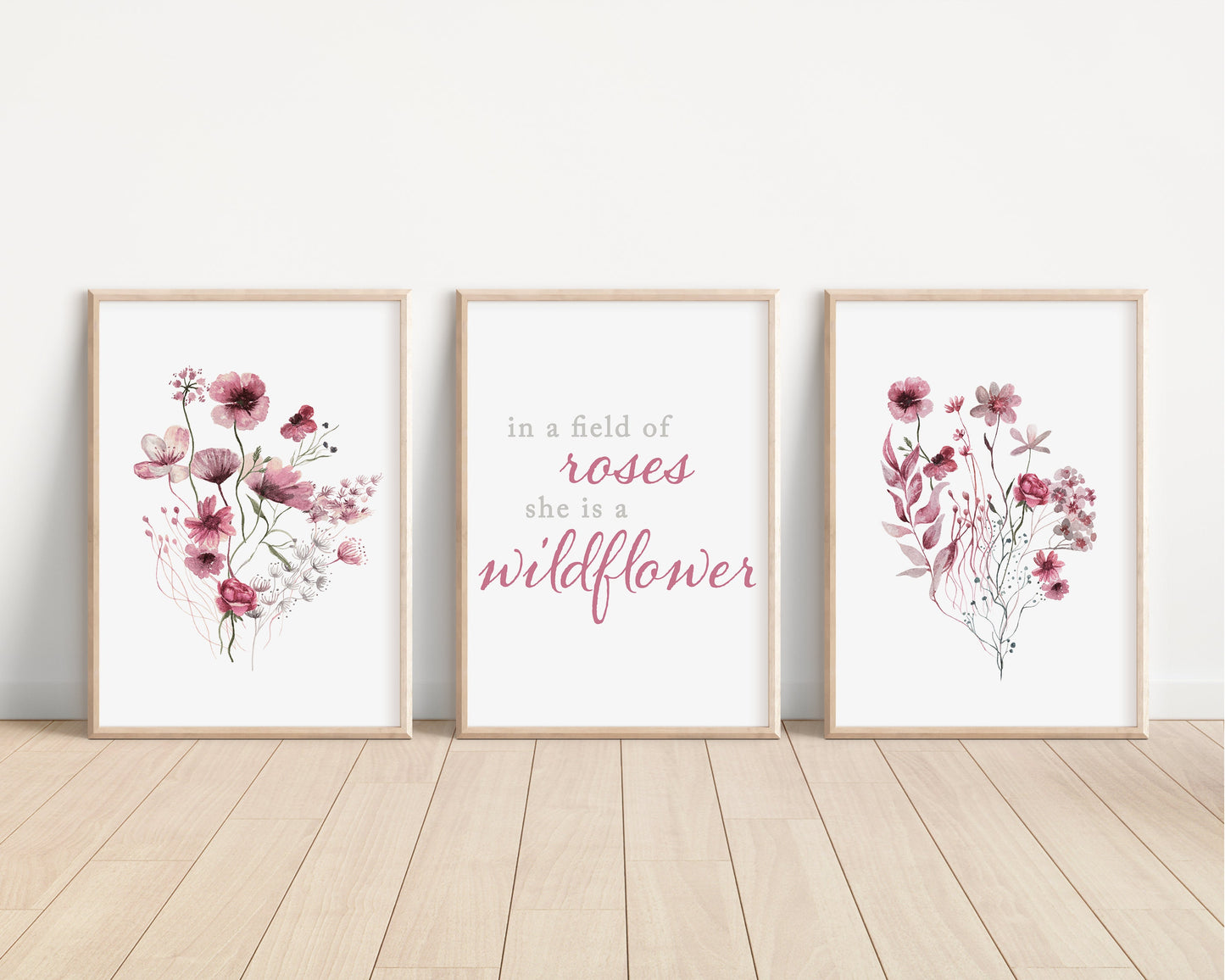 Set of 3 Boho Maroon Red Wildflowers Floral Art Prints, Leaf Art, Botanical, Bloom Bouquet, Nursery Decor, Girl Baby Room Ideas 090