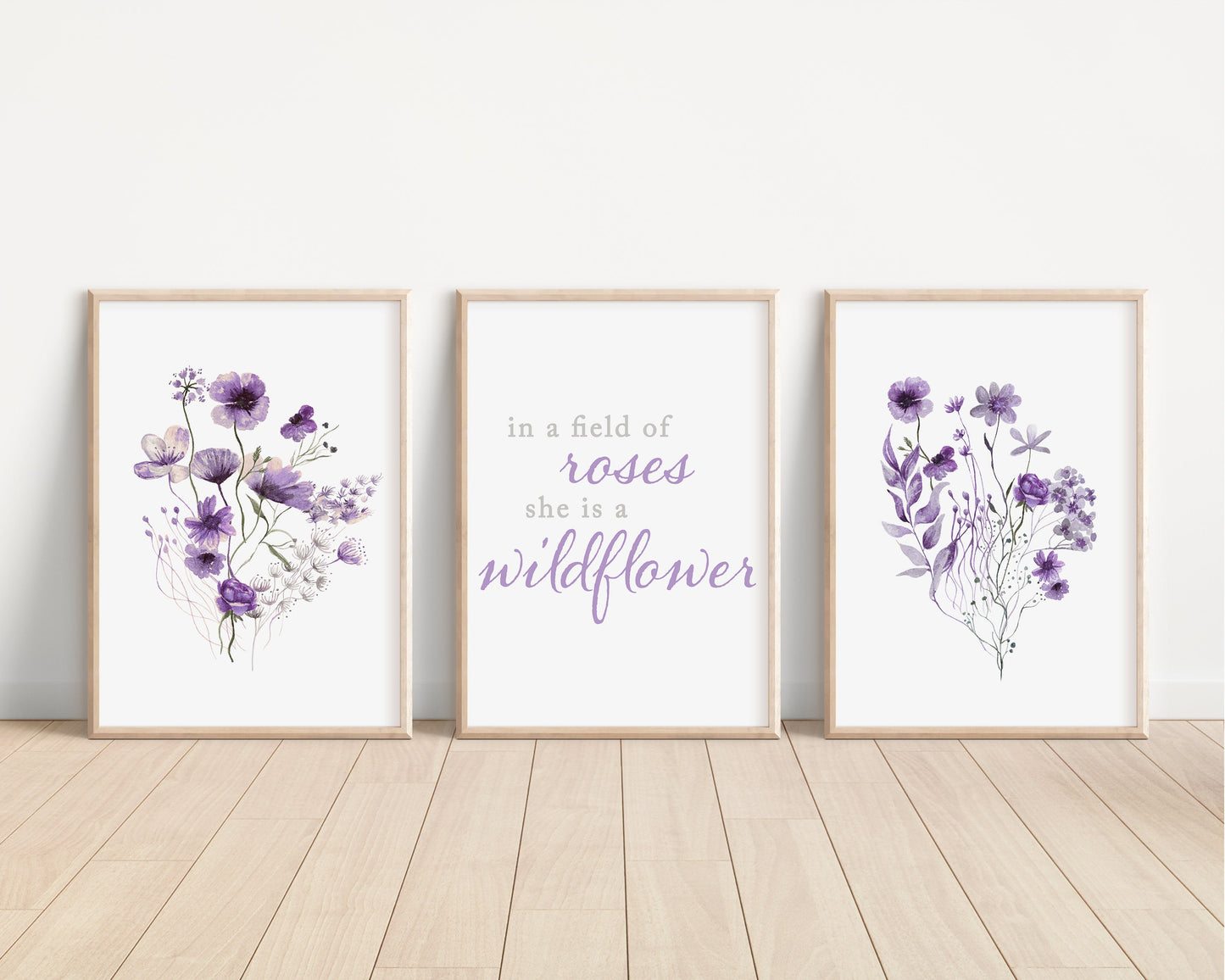 Set of 3 Boho Lavender Wildflowers Floral Art Prints, Leaf Art, Botanical, Bloom Bouquet, Nursery Decor, Girl Baby Room Ideas 086