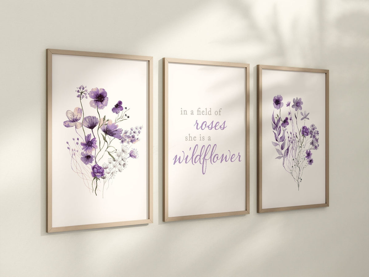 Set of 3 Boho Lavender Wildflowers Floral Art Prints, Leaf Art, Botanical, Bloom Bouquet, Nursery Decor, Girl Baby Room Ideas 086