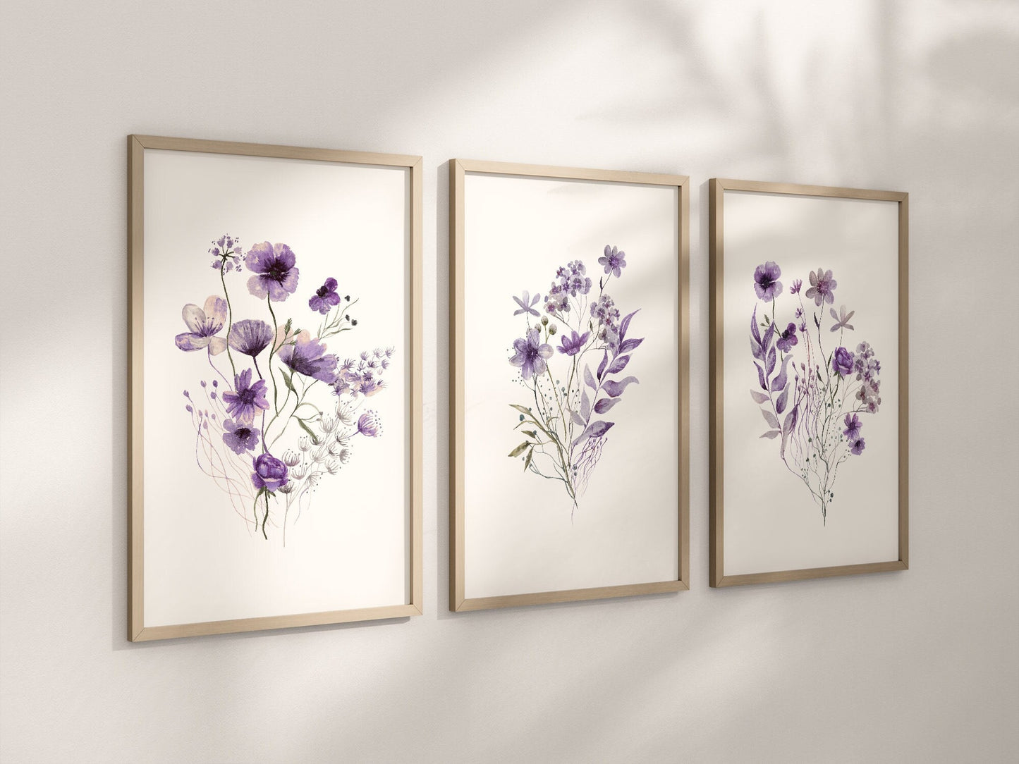 Set of 3 Purple Boho Wildflowers Floral Art Prints, Wall Art, Meadows, Bloom Bouquet, Nursery Decor, Play Room, Girl Baby Room Ideas 088