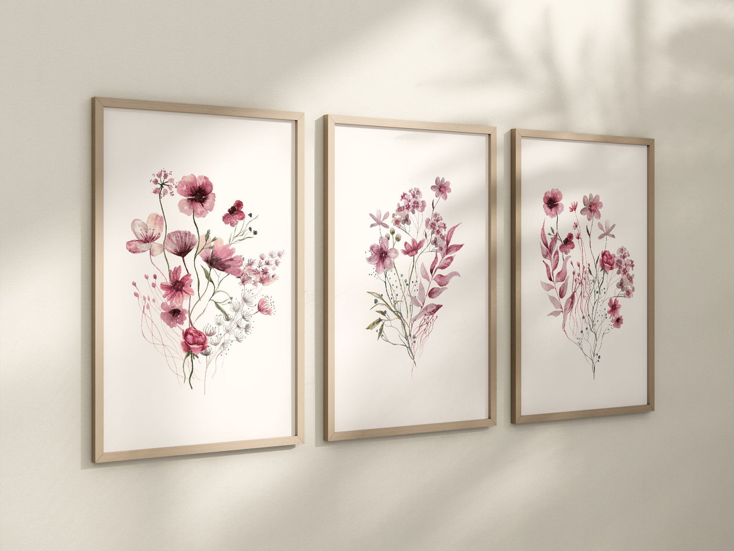 Set of 3 Maroon Boho Wildflowers Floral Art Prints, Wall Art, Meadows, Bloom Bouquet, Nursery Decor, Play Room, Girl Baby Room Ideas 089
