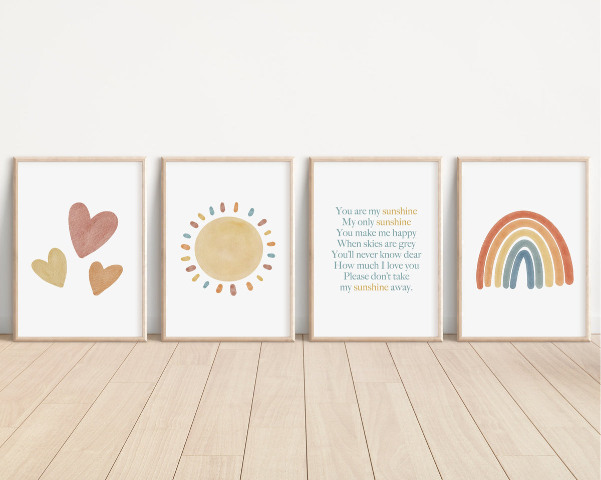 You Are My Sunshine Set of 4 Nursery Art Prints, Sun, Rainbow Nursery Wall Art, Nursery Decor, Play Room, Baby Room Ideas, 094