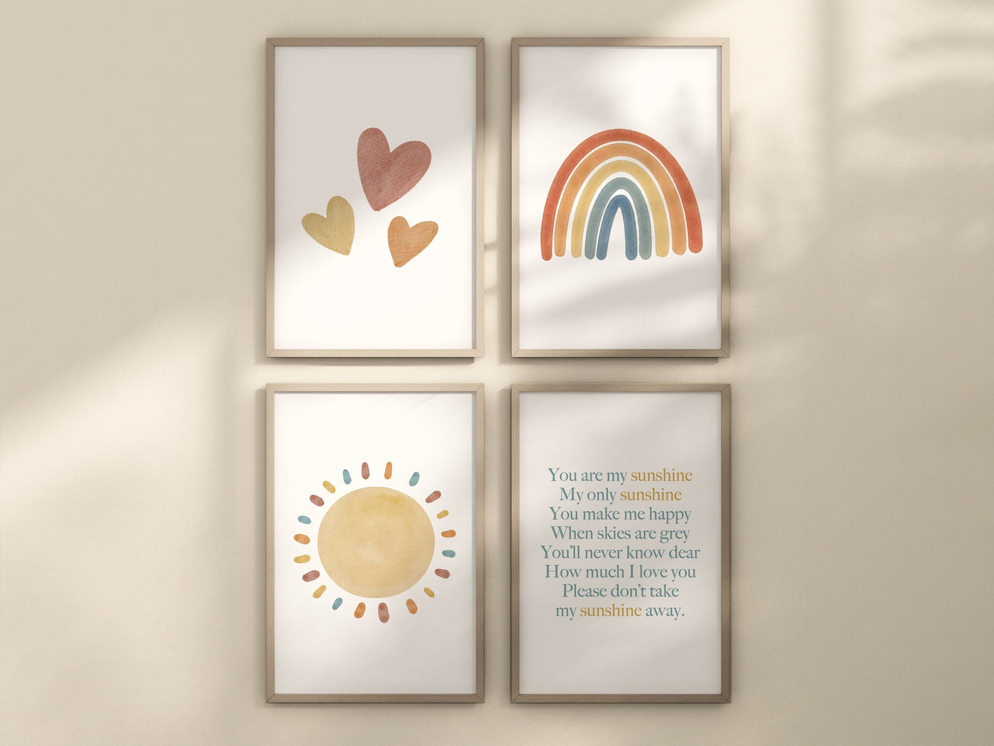 You Are My Sunshine Set of 4 Nursery Art Prints, Sun, Rainbow Nursery Wall Art, Nursery Decor, Play Room, Baby Room Ideas, 094