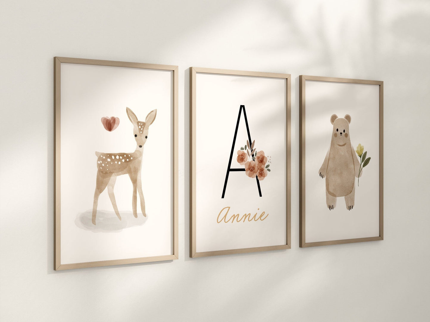 Personalized Boho Woodland Floral Animal Set of 3 Nursery Art Prints, Floral Nursery Wall Art, Neutral Nursery Decor, Baby Room Ideas,103