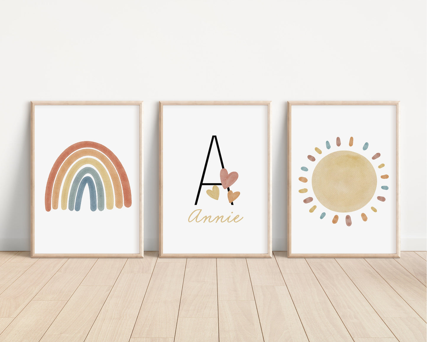 Personalized Rainbow Sun Hearts Set of 3 Nursery Art Prints, Colorful Nursery Wall Art, Decor, Play Room, Baby Room Ideas, 108