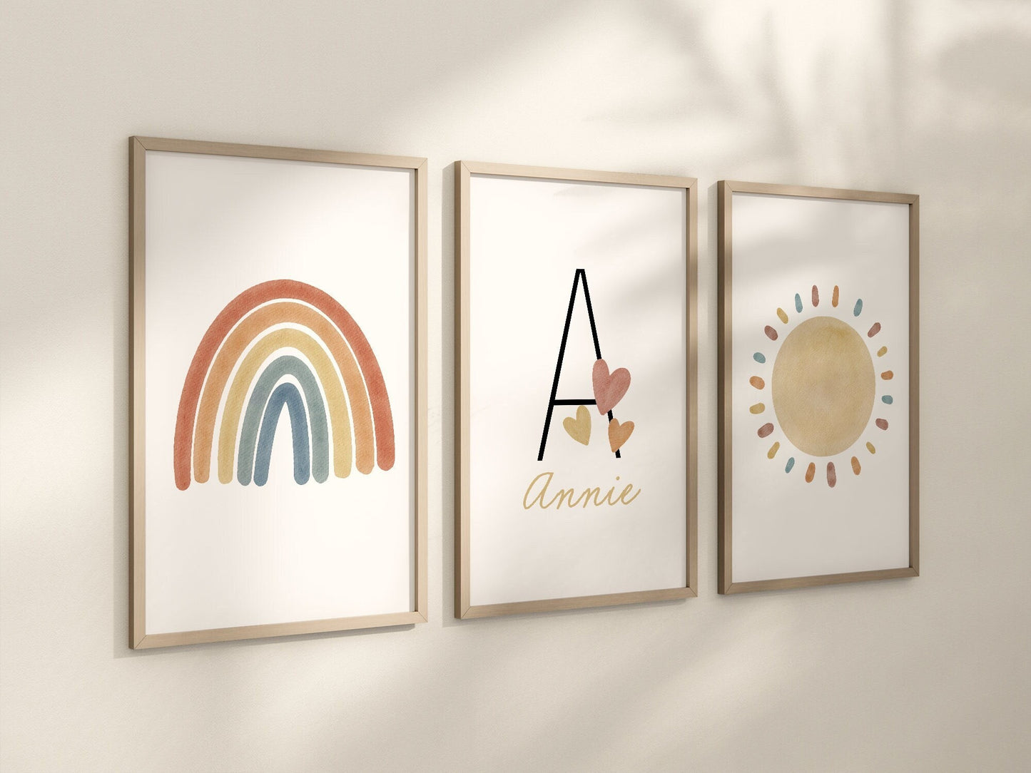 Personalized Rainbow Sun Hearts Set of 3 Nursery Art Prints, Colorful Nursery Wall Art, Decor, Play Room, Baby Room Ideas, 108