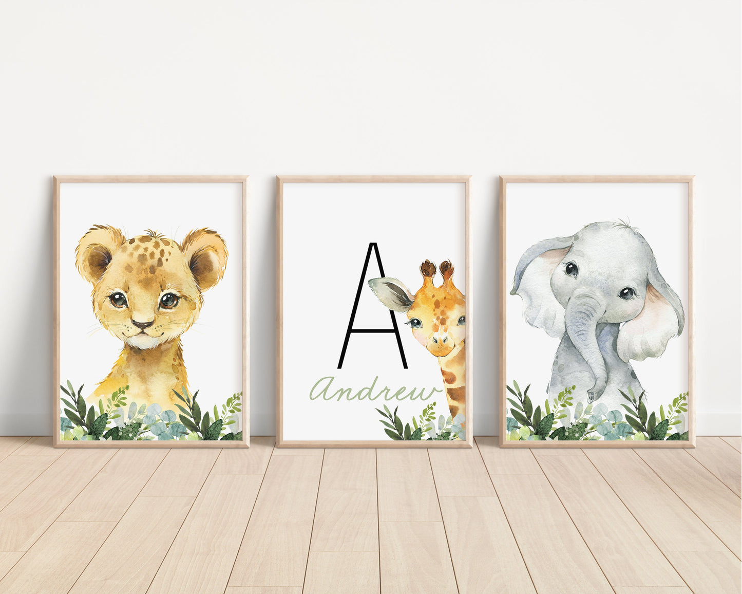 Personalized Set of 3 Safari Animal Nursery Prints with Lion, Elephant, and Giraffe