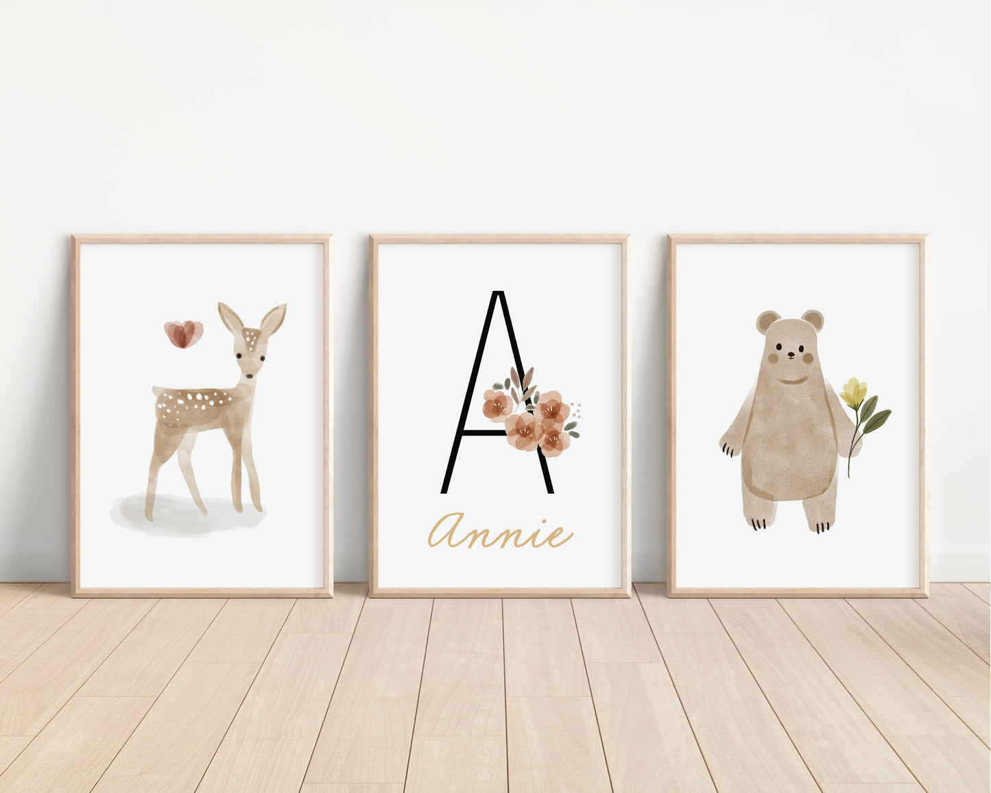 Personalized Boho Woodland Floral Animal Set of 3 Nursery Art Prints, Floral Nursery Wall Art, Neutral Nursery Decor, Baby Room Ideas,103