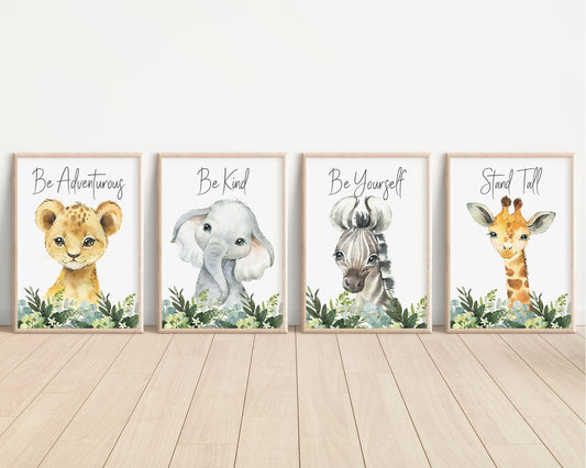 Set of 4 Safari Animal Nursery Prints, Jungle Animals, Greenery, Boy Nursery Wall Art, Shower Gift, Printed, 105
