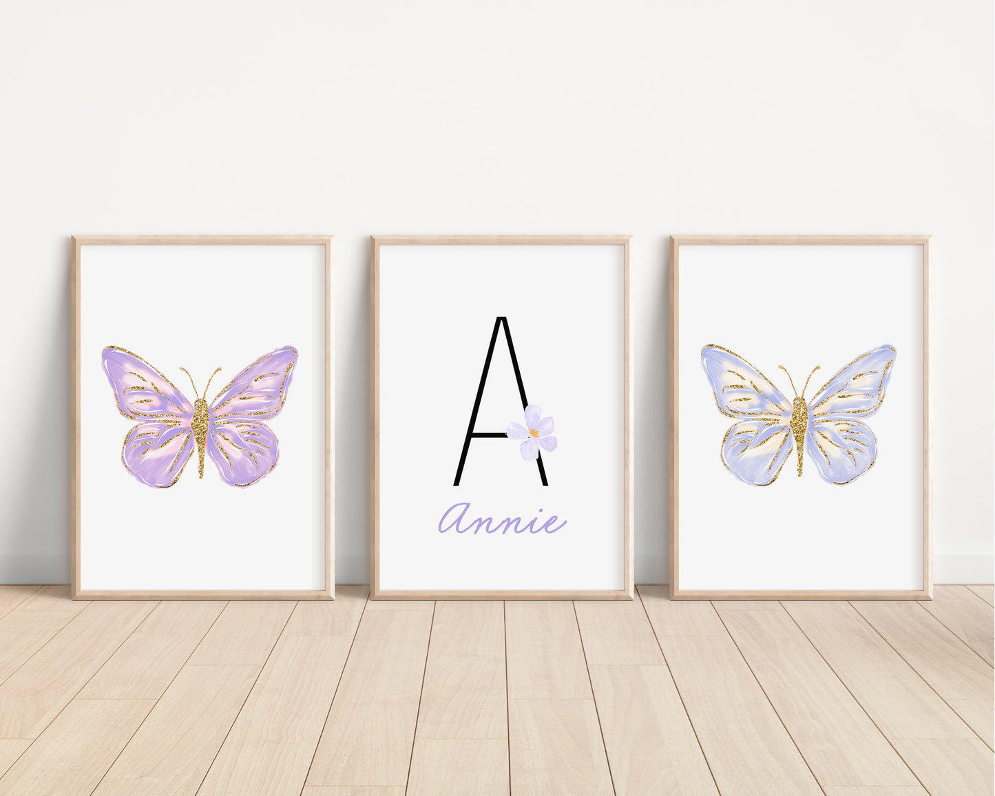 Personalized Purple Butterflies Set of 3 Nursery Art Prints, Butterfly Wall Art, Glitter Nursery Decor, Play Room, Girl Baby Room Ideas, 107