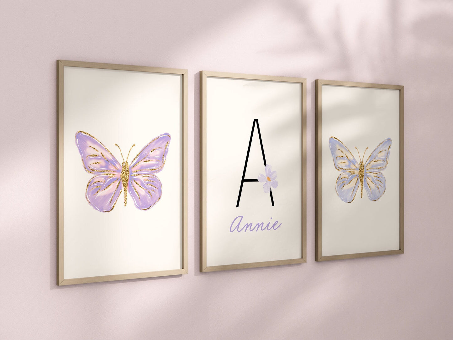 Personalized Purple Butterflies Set of 3 Nursery Art Prints, Butterfly Wall Art, Glitter Nursery Decor, Play Room, Girl Baby Room Ideas, 107
