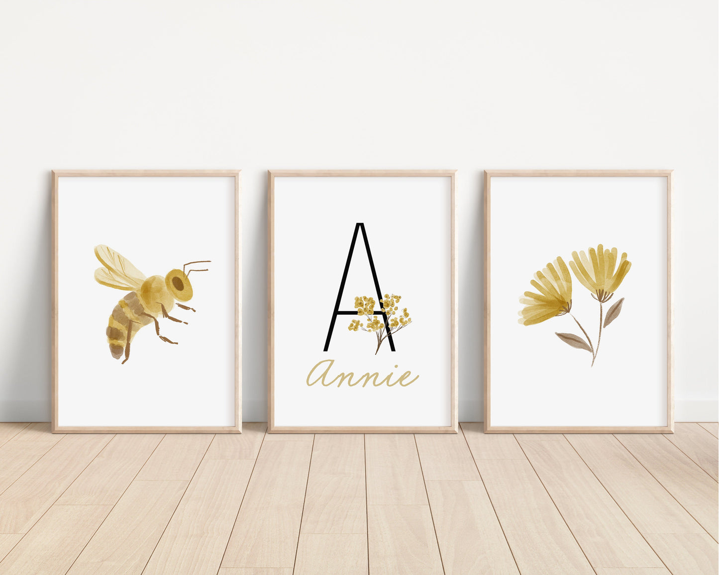 Personalized Set of 3 Boho Floral Bee Art Prints, Bumble Bee, Yellow Nursery Wall Art, Nursery Decor, Play Room, Baby Room Ideas, 113