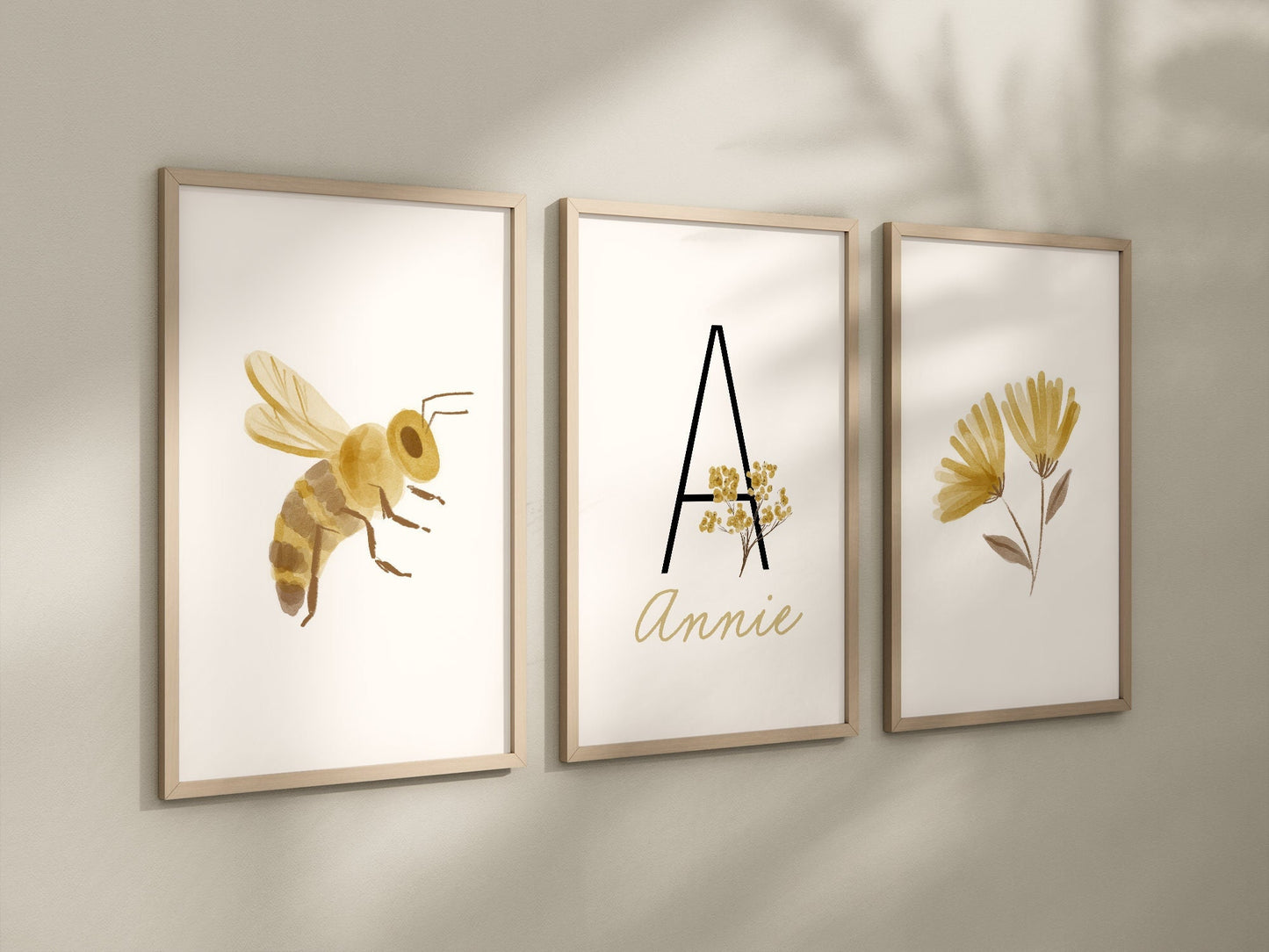 Personalized Set of 3 Boho Floral Bee Art Prints, Bumble Bee, Yellow Nursery Wall Art, Nursery Decor, Play Room, Baby Room Ideas, 113
