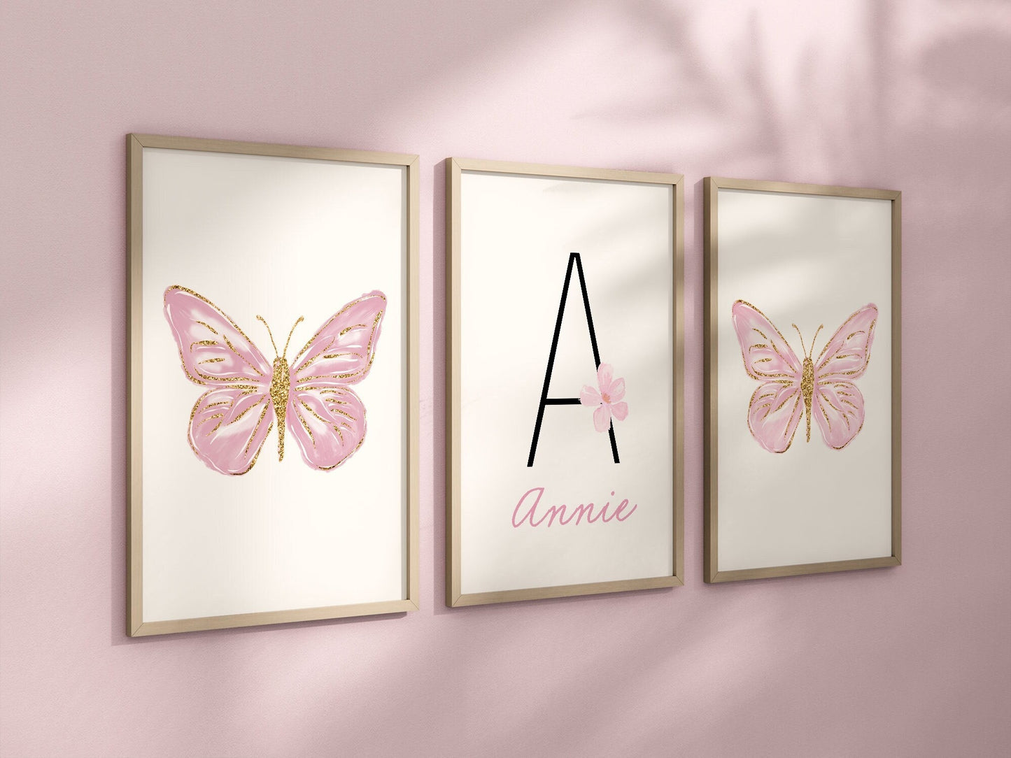 Personalized Pink Butterflies Set of 3 Nursery Art Prints, Butterfly Wall Art, Glitter Nursery Decor, Play Room, Girl Baby Room Ideas, 116
