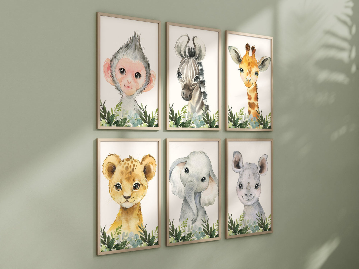 Set of 6 Safari Animal Nursery Prints, Jungle Animals, Greenery, Boy Nursery Wall Art, Shower Gift, Printed, 124