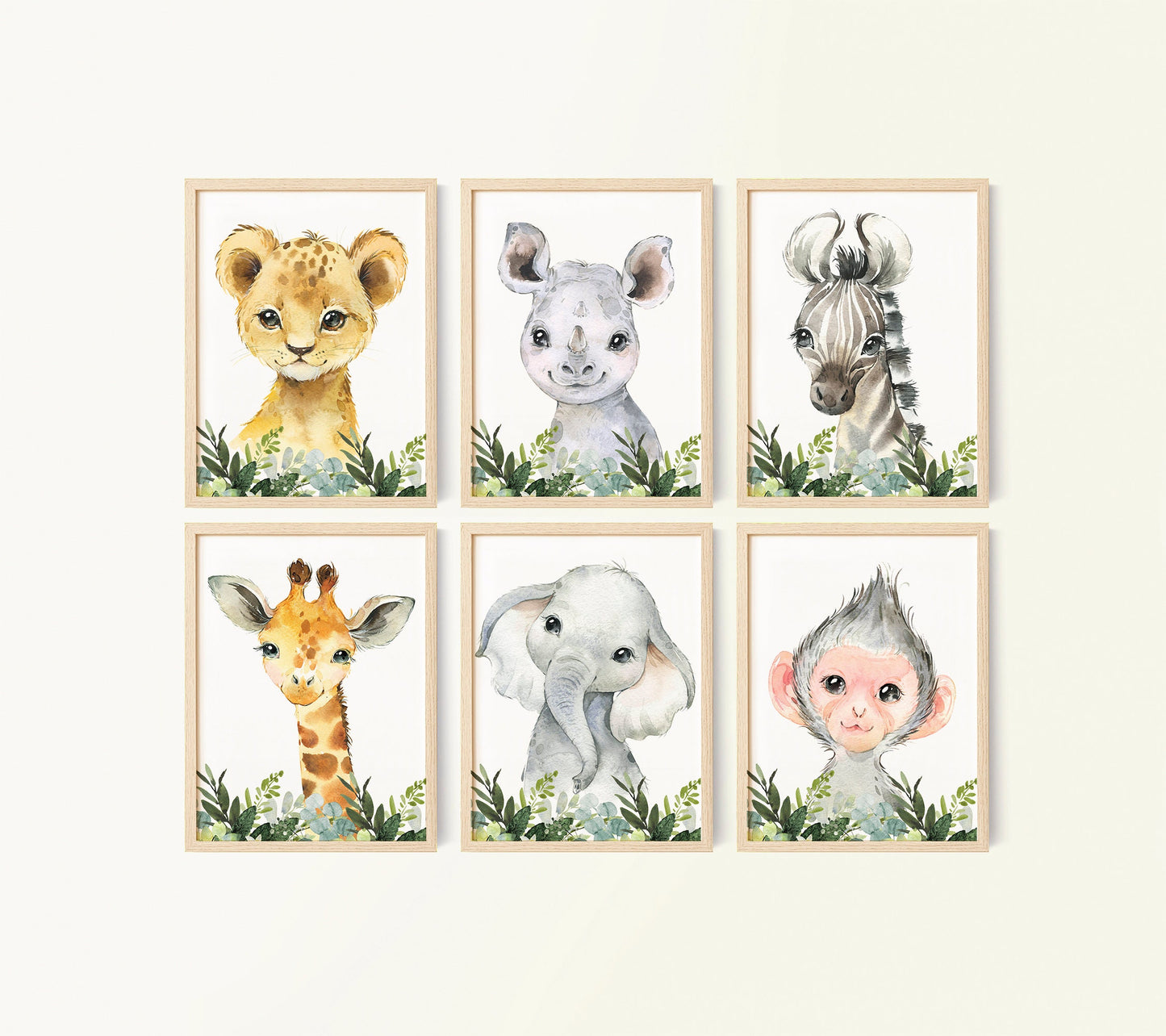 Set of 6 Safari Animal Nursery Prints, Jungle Animals, Greenery, Boy Nursery Wall Art, Shower Gift, Printed, 124