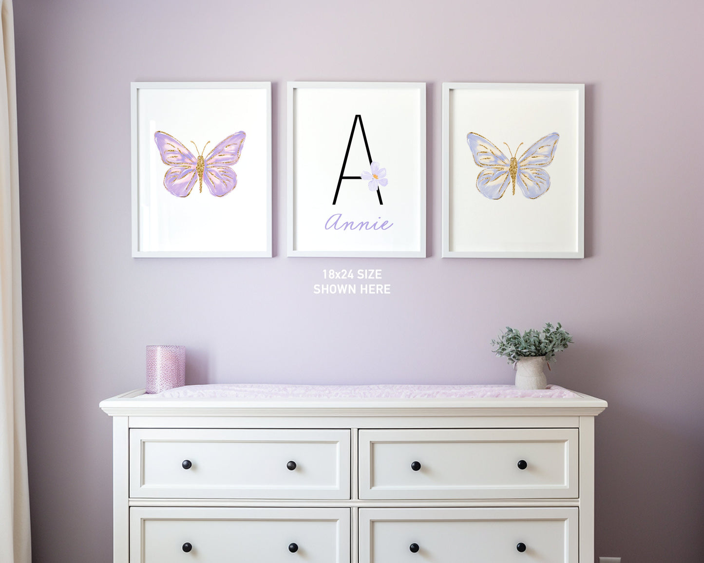 Personalized Purple Butterflies Set of 3 Nursery Art Prints, Butterfly Wall Art, Glitter Nursery Decor, Play Room, Girl Baby Room Ideas, 107